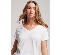 V-Shirt SUPERDRY "STUDIOS SLUB EMB VEE TEE", Damen, Gr. XS, weiß (optic), Single Jersey, Obermaterial: 60% Baumwolle, 40% Lyocell, unifarben, lässig geschnitten hüftlang, V-Ausschnitt, geschnittene Ka