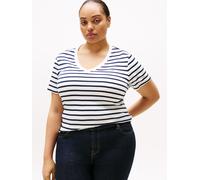 V-Shirt TOMMY HILFIGER CURVE "CRV SLIM CODY V-NK SS", Damen, Gr. 54, breton schwarz night navy stp, Single Jersey, Obermaterial: 100% Baumwolle, gestreift, slim fit normal, V-Ausschnitt, abgerundeter