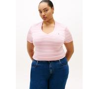 V-Shirt TOMMY HILFIGER CURVE "CRV SLIM CODY V-NK SS", Damen, Gr. 54, fine stp pink, ecru, Single Jersey, Obermaterial: 100% Baumwolle, gestreift, slim fit normal, V-Ausschnitt, abgesteppte Kante, Shir
