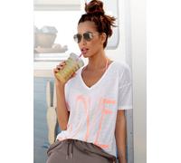 V-Shirt VIVANCE, Damen, Gr. 44/46, bunt (weiß, neonorange), Slub, Obermaterial: 65% Polyester, 35% Viskose, leicht transparent, unifarben, figurumspielend hüftlang, V-Ausschnitt, Shirts, mit Neonprint