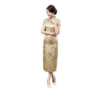 VAAX Cheongsam Kleid, Satin National Cheongsam Kleid Kurzarm Schmales Maxikleid Jacquard Blumen Qipao Kleid Elegant Plus Größe Sexy Cocktailabend Hochzeitskleid Für Mädchen Braut,Gold,M
