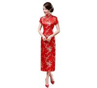 VAAX Cheongsam Kleid, Satin National Cheongsam Kleid Kurzarm, Schmales Maxikleid Jacquard-Blumen-Qipao-Kleid, Elegant, Plus Größe, Sexy Cocktailabend-Hochzeitskleid Für Mädchen, Braut, Rot, 2XL