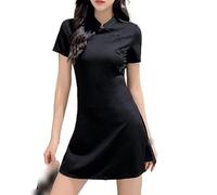 VAAX Chinesische Qipao, Schwarzer Satin Cheongsam Frack Kurzarm Bodycon Minikleid Punk Vintage Qipao Kleid Sexy Swing Cocktailkleid Elegantes Abendkleid Für Mädchen Braut,L
