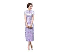 VAAX Chinesisches Kleid Qipao,Satin National Cheongsam Kleid Kurzarm, Schmales Maxikleid Jacquard-Blumen-Qipao-Kleid, Elegant, Plus Größe, Sexy Cocktailabend-Hochzeitskleid Für Mädchen, Braut, Lavend