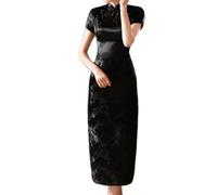 VAAX Damen Kleid Cheongsam, Satin National Cheongsam Kleid Kurzarm Schmales Maxikleid Jacquard Blumen Qipao Kleid Elegant Plus Größe Sexy Cocktailabend Hochzeitskleid Für Mädchen Braut,Schwarz,L