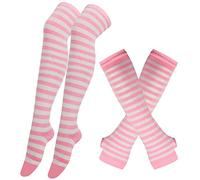 VAAX Overknees Strümpfe Damen,Over Knee Thigh High Socks Pink White Stripes Warm Stocking Gloves Set Boot Socks Thigh High Socks Womens Tube Socks for Daily Wear Halloween Christmas Cosplay for Girls