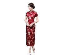 VAAX Traditionelles Cheongsam, Satin National Cheongsam Kleid Kurzarm Schmales Maxikleid Jacquard Blumen Qipao Kleid Elegant Plus Größe Sexy Cocktailabend Hochzeitskleid Für Mädchen Braut,Burgund,M