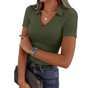VAFFUL Damen Kurzarm Business Casual Tops Sommer V-Ausschnitt Polo Arbeitshemden Fitted Basic Collared Shirt