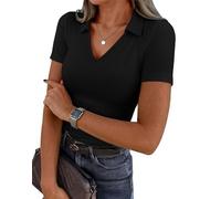 VAFFUL Damen Kurzarm Business Casual Tops Sommer V-Ausschnitt Polo Arbeitshemden Fitted Basic Collared Shirt