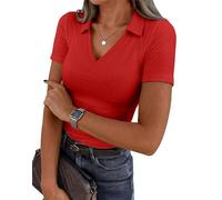VAFFUL Damen Kurzarm Business Casual Tops Sommer V-Ausschnitt Polo Arbeitshemden Fitted Basic Collared Shirt