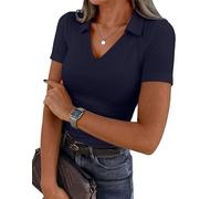 VAFFUL Damen Kurzarm Business Casual Tops Sommer V-Ausschnitt Polo Arbeitshemden Fitted Basic Collared Shirt