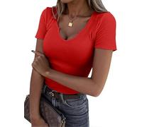 VAFFUL Women Summer Short Sleeve Tops V Neck Shirts Ribbed Knit Slim Fitted 2025 Basic Casual T Shirts Blouse