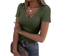 VAFFUL Women Summer Short Sleeve Tops V Neck Shirts Ribbed Knit Slim Fitted 2025 Basic Casual T Shirts Blouse