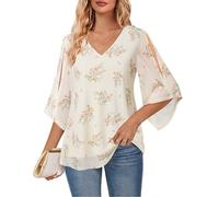 Vafoly Damen Bluse Sommer Elegant:Casual Leicht Tunika V-Ausschnitt Ausgestellte Ärmel Blusenshirt - Blumen Doppellagige Lässig Urlaub Tunika Orange Blume XXL