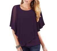 Vafoly Damen Chiffon Lose Fledermaus Bluse mit Kurzen Flatter ärmel Leichte Fließende Bluse Rundhalsausschnitt Doppellagige Poncho Tuniken Dunkelviolett 3XL
