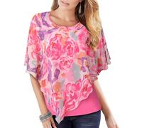 Vafoly Damen Chiffon Lose Fledermaus Bluse mit Kurzen Flatter ärmel Leichte Fließende Bluse Rundhalsausschnitt Doppellagige Poncho Tuniken Graffiti Rosa M