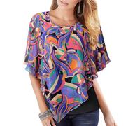 Vafoly Damen Chiffon Lose Fledermaus Bluse mit Kurzen Flatter ärmel Leichte Fließende Bluse Rundhalsausschnitt Doppellagige Poncho Tuniken Klassisch Violett 3XL