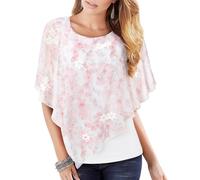 Vafoly Damen Chiffon Lose Fledermaus Bluse mit Kurzen Flatter ärmel Leichte Fließende Bluse Rundhalsausschnitt Doppellagige Poncho Tuniken Rose Blume XL