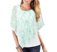 Vafoly Damen Chiffon Lose Fledermaus Bluse mit Kurzen Flatter ärmel Leichte Fließende Bluse Rundhalsausschnitt Doppellagige Poncho Tuniken Grün Blume 3XL