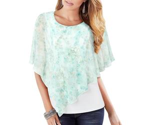Vafoly Damen Chiffon Lose Fledermaus Bluse mit Kurzen Flatter ärmel Leichte Fließende Bluse Rundhalsausschnitt Doppellagige Poncho Tuniken Grün Blume 3XL