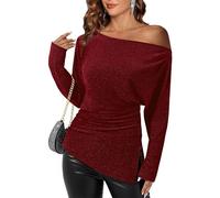 Vafoly Festliche Blusen Damen Glitzer: Schulterfreies Oberteil Frauen Langarm Weihnachtsoutfits für Damen Stretch Bluse Asymmetrischer Modische Tunika Silvester Weinrot L