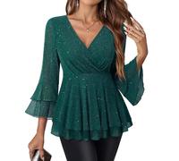 Vafoly Festliche Oberteile Damen Elegant Silvester Outfit Pailletten Oberteile Damen Party Herbst Glitzer Tunika Schimmernder Abend-Cocktail-Anzug Weihnachtsparty-Outfits Grün XL