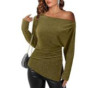 Vafoly Glitzer Bluse Frauen Party: Schulterfreies Oberteil Damen Langarm Elegant Modische Herbstoutfits Blusen für Frauen Business Casual Damen Glitzernde Tunika Hochzeit Schwarz Gold XL