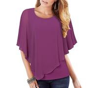 Vafoly Tunika Damen Elegant Festlich Sommer Doppellagige Bluse Frauen Rundhals Business Casual Oberteil Chiffon Fließende Shirts Weite ärmel Poncho-Top Trendig 2022 Violett XXL