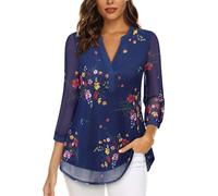 Vafoly Women's 3/4 Sleeve Blouses Casual V Neck Dress Shirts Double Layers Mesh Tunics Tops Blau Blumen XXL