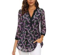 Vafoly Women's 3/4 Sleeve Blouses Casual V Neck Dress Shirts Double Layers Mesh Tunics Tops Schwarz Rose M