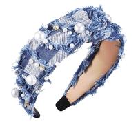 Vaguelly Knotiges Jeans Haarband für Frauen und Mädchen mit elastischer Passform und Strassbesatz, breites Stirnband für Alltag und Festlichkeiten