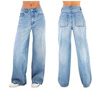VaiKanhai Damen-Denimhose Loser Stopper Hosenbügel-Jeanshose gerade Hosen für Frauen Knöpfe Jeanshosen Ersatzknöpfe (Dark Blue, M)