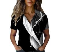 VaiKanhai Weiße Transparente Bluse Damen Baumwollhemd Bedruckte Daunenhemden Casual Tops Kurzarmbluse T Shirt Damen Kurzarm (Black XL)