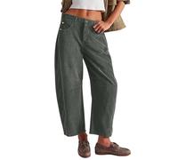 VaiKanhai Women's Corduroy Pants Barrel Mid Elastic Waist Pants Casual Wide Leg Baggy Trouser with Pockets Schnittmuster Damen Hose Anfänger (Green M)