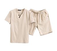 VaiKanhai Zweiteiler Herren Leinenanzug Freizeitanzug Sommer Sportanzug 2 Teiliges Outfit Sport Set Kurzarm T-Shirt + Kurze Hose Sets Einfarbig Hemd und Shorts Beach Shirt Kurze Hose Set Leinen Anzug