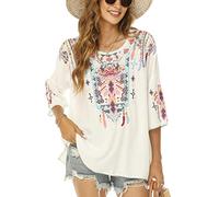 Vakakado Boho Stickerei Bluse Hippie Kleidung Damen 70er 80er Jahre Bekleidung Bohemian Folklore Besticktes Tunika 3/4Ärmel elegant Oberteile, Weiß-2XL
