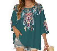 Vakakado Boho Stickerei Bluse Hippie Kleidung Damen 70er 80er Jahre Bekleidung Bohemian Folklore Besticktes Tunika 3/4Ärmel elegant Oberteile, Grün-3XL