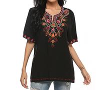 Vakakado Damen Sommer Boho Stickerei Mexikanisch Bohemian Tops Bauer Halbarm V-Ausschnitt Shirt Tunika Blusen (XL, 198-Schwarz)