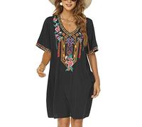 Vakakado Frauen Sommer Boho Mexican Peasant Dress Kurzarm Floral Bestickte Flowy Kleider Lose Hippie Bohemian Tunika (XL, 446-Schwarz)