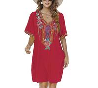 Vakakado Frauen Sommer Boho Mexican Peasant Dress Kurzarm Floral Bestickte Flowy Kleider Lose Hippie Bohemian Tunika (XL, 446-Rot)