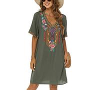 Vakakado Frauen Sommer Boho Mexican Peasant Dress Kurzarm Floral Bestickte Flowy Kleider Lose Hippie Bohemian Tunika (XL, 446-Grün)