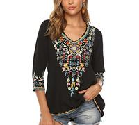 Vakakado Hippie Kleidung Damen Bohemian Folklore Stickerei Bluse 3/4 äRmel V Ausschnitt Tunika Sommer LäSsige Oberteil(054,Schwarz,XL)