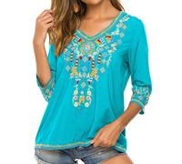 Vakakado Hippie Kleidung Damen Bohemian Folklore Stickerei Bluse 3/4 äRmel V Ausschnitt Tunika Sommer LäSsige Oberteil(054,Blau,XL)