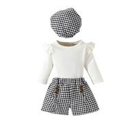 Valcatch Baby Mädchen Short Sets Rüschen Langarm Gerippte Strick Tops und Tweed Print Shorts mit passender Baskenmütze Mode Herbst Outfits 6M-3Y