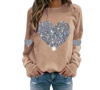 Valentine's Day Blusenshirt Damen Langarm Valentinstag Glitter Love Heart Shirt Rundhals Lang Ärmel Damen Lose Pailletten Herz Blusenbody Nachthemd Pull On Herz Langarmshirts