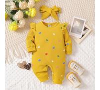 Valentinstag Neugeborenes Baby Herz-Muster Jumpsuit, gemütlicher gestrickter lässiger Jumpsuit mit Stirnband inklusive Herbst