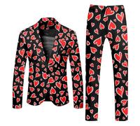Valentinstag Party Kostüm Herren 2-teiliger Slim Fit Herrenanzug mit Hose Herz Druck Anzüge für Männer Lustige Elegante Valentinstag Party Outfits mit Taschen Rot Festliche Anzüge für Dating XXL