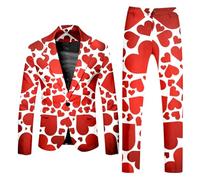 Valentinstag Party Kostüm Herren 2-teiliger Slim Fit Herrenanzug mit Hose Herz Druck Anzüge für Männer Lustige Elegante Valentinstag Party Outfits mit Taschen Rot Festliche Anzüge für Dating XXL