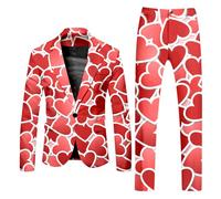 Valentinstag Party Kostüm Herren 2-teiliger Slim Fit Herrenanzug mit Hose Herz Druck Anzüge für Männer Lustige Elegante Valentinstag Party Outfits mit Taschen Rot Festliche Anzüge für Dating XXL