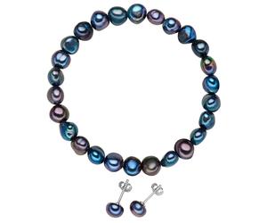 Valero Pearls 2er Set Süßwasserzuchtperlen dunkelblau Armband und Ohrstecker 7,5 mm Damen